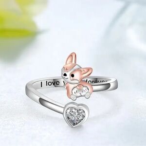 ☮️ NEW Corgi Dog Ring Silver Tone Heart “I Love You Forever” Engraved